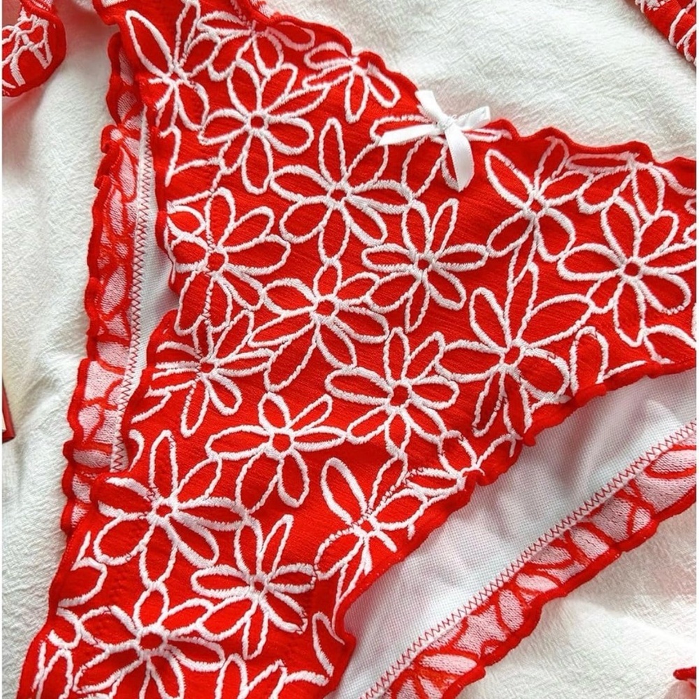 Red Floral Embroidered Bikini Set | Triangle Top Tie Side Bottom  Swimsuit - Picture 7 of 7